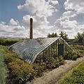 Overzicht van ijzeren druivenserre (kniekas), met schoorsteen op de achtergrond