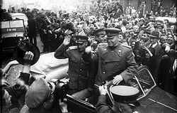 Residents of Prague greet Soviet Marshal Ivan Konev, 1945. Prague liberation 1945 konev.jpg