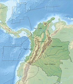 Topografisk kart over Colombia, med de naturgeografiske regionene inntegnet.