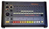 The instrument that provided electro's synthesized programmed drum beats, the Roland TR-808 drum machine. Roland TR-808 drum machine.jpg