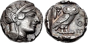 Athenian tetradrachm with head of Athena and owl, after 449 BC. The most acceptable coin in the Mediterranean world. SNGCop 039.jpg