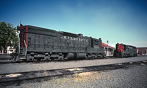 Southern Pacific SD9E units #4370 and #4423 at Medford, Oregon in July of 1986.