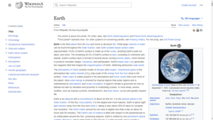 A March 30, 2021, screenshot of English Wikipedia's article on Earth, a featured-class article Screenshot of English Wikipedia article on Earth on 30 March 2021 (cropped).png