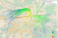 Vergleich der Abflugspuren an einem Montag (links) und Sonntag (rechts) bei Betriebsrichtung Ost. Die Flugspuren am Montag knicken bereits ab einer Höhe von 5000 Fuß über das Stadtzentrum ab.