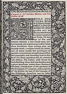The opening page of The Wood Beyond the World (1894) by William Morris. The chapter title is at the top, in red text. The wood beyond the world by William Morris (cropped).jpg