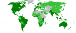 A world map showing most of the countries highlighted in either green or light green except for Russia, Alaska and some countries in North Africa.