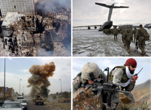 Clockwise from top left: Aftermath of the 11 September attacks; American infantry in Afghanistan; an American soldier and Afghan interpreter in Zabul Province, Afghanistan; explosion of an Iraqi car bomb in Baghdad