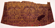 Byzantine silk textile fragments, from left to right: a horse archer and a lion, 8th century AD; Byzantine or Spanish woven silk, 9th–10th century AD; griffins from an embroidered silk robe, 11th century AD