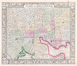 An 1864 map of Baltimore 1864 Mitchell Map of Baltimore, Maryland - Geographicus - Baltimore-mitchell-1864.jpg