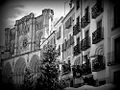 A Black and White Photo of the Cuenca Cathedral & houses in Cuenca, Spain.