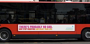 A London bus carrying the Atheist Bus Campaign advert Atheist Bus Campaign Citaro.jpg