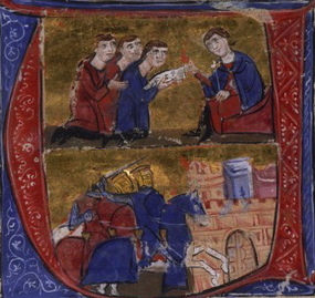Nahoře: Jeruzalémští vyslanci v čele s králem Amaurym u císaře Manuela v KonstantinopoliDole: Útok křižáků na egyptské město Pelusium