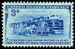In 1952 the U.S. Post Office issued a postage stamp commemorating the 125th anniversary of the B & O Railroad. B & O Railroad 3c, 1952 issue.jpg
