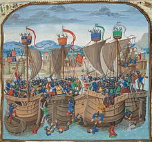 Four sturdy wooden ships lying side by side filled with men armed with shields, swords and bows fighting in a confused melee