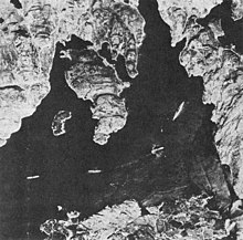 RAF aerial reconnaissance photo showing Bismarck anchored (centre right) in Grimstadfjord, Norway Bismarck reconnaissance.jpg