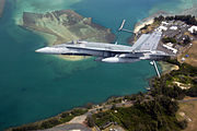 Canadian CF-18A Hornet off the coast of Hawaii.  Note the 'false cockpit' painted on the underside of the aircraft, intended to confuse enemy pilots during dogfights.