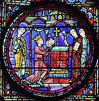 Karel Veliký předává svaté ostatky církvi, vitráž v katedrále Notre-Dame v Chartres