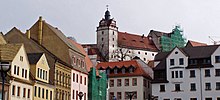 During 2005, the scaffolding was visible from town. Colditz Castle2 CROPPED.jpg