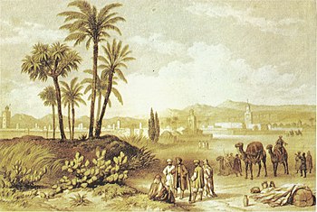 Acuarela elaborada en 1849 que muestra un paisaje de Marruecos en el que se dibuja una hilera de edificios al fondo y en primer plano un grupo de personas junto a una colina con dos palmeras.