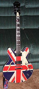 Noel Gallagher played an Epiphone Sheraton guitar with Union Jack paintwork during the tour promoting (What's the Story) Morning Glory?. EpiphoneSupernova.jpg