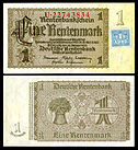 1 Mark banknote with an adhesive stamp on a 1 Rentenmark banknote, issued in 1948