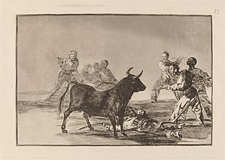 Νο. 12: Desjarrete de la canalla con lanzas, medias-lunas, banderillas y otras armas ("Slashing of the leg with spears, half-moons, banderillas, and other weapons")