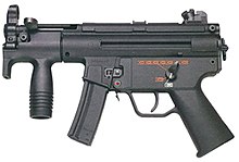 An MP5K with the "Navy" trigger group, no stock, the MP5K foregrip handguard, and normal iron sights Hkmp5k.jpg