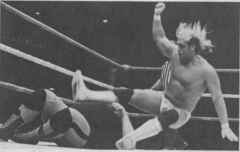 Hulk Hogan performing a leg drop on Blackwell, c. 1982 Hulk Hogan and Jerry Blackwell, circa 1982.png