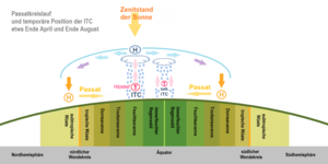 Stark überhöhtes Schema: Passatkreislauf und die Lage der ITC etwa Ende April und Ende August