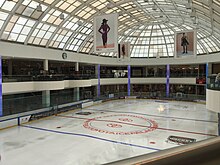 An ice hockey rink seen from a second story above it. There are two teams playing at the far end. People are watching the game from both levels; there are stores behind them. Above the rink is a glass ceiling from which advertising banners hang promoting the tournament sponsors, as well as the Canadian and American flags