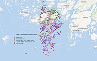 Nauvon saaret, värikoodattu päätteillä – -holm(en), -skär(et) jne.