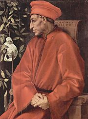 Cosimo de' Medici (pictured in a 16th century portrait by Pontormo) built an international financial empire and was one of the first Medici bankers. Jacopo Pontormo 055.jpg