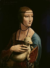 Cecilia Gallerani as The Lady with an Ermine, painted by Leonardo da Vinci around 1489. This painting exemplifies Italian fashion in the 15th century. Lady with an Ermine - Leonardo da Vinci (adjusted levels).jpg