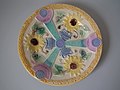 Lear Dessert plate, coloured glazes majolica, c.1880, sunflowers pattern.