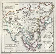 Carte de Johann Christian Hüttner en 1789 qui attribue Sakhaline à l'empire chinois mais ignore l'existence de Hokkaido.