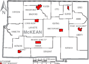 Map of McKean County, Pennsylvania with Municipal Labels showing Cities and Boroughs (red) and Townships (white). Map of McKean County Pennsylvania With Municipal and Township Labels.png