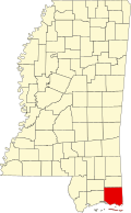 Kort over Mississippi med Jackson County markeret