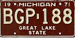 Номерной знак Мичигана 1971 года - Номер BGP-188.jpg