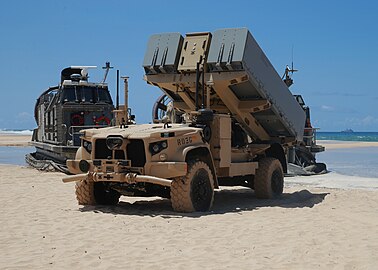 In December 2019, the Marine Corps tested a version of the JLTV called ROGUE Fires, which consists of an unmanned JLTV-based mobile launch platform carrying a Naval Strike Missile launcher unit.[140]