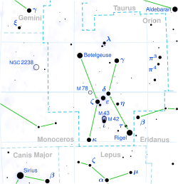 Location of δ Orionis (circled), as shown in a conventional star chart with north up