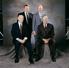 The four surviving Mercury 7 astronauts at a reception after Shepard's memorial service in 1998. Left to right: Glenn, Schirra, Cooper and Carpenter. All are since deceased. S98-10917 Portrait of remaining Mercury 7 astronauts.tif