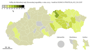 Mapa výsledkov koalície OĽANO A PRIATELIA, Kresťanská únia, ZA ĽUDÍ