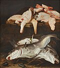 Drei Fischen in einem Korb und Fischsteaks auf dem Tisch 1682