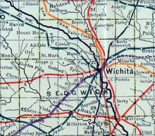 1915 railroad map of Sedgwick County Stouffer's Railroad Map of Kansas 1915-1918 Sedgwick County.png