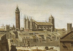 Ilesia mudéchar d'o Pilar en 1647, seguntes detalle d'a Vista de Zaragoza de Martínez del Mazo