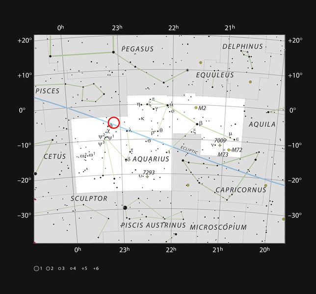 На этой звёздной карте созвездия Водолея отмечено положение звезды TRAPPIST-1. Несмотря на относительную близость к Земле, она имеет слишком низкую светимость и малый диаметр, чтобы можно было ее видеть даже в небольшой телескоп