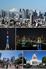 Do topo, à esquerda: Shinjuku, Tokyo Sky Tree, Rainbow Bridge, Shibuya, Edifício da Dieta Nacional