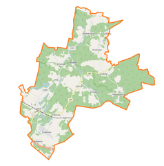 Mapa konturowa gminy Tuplice, u góry nieco na prawo znajduje się punkt z opisem „Świbinki”