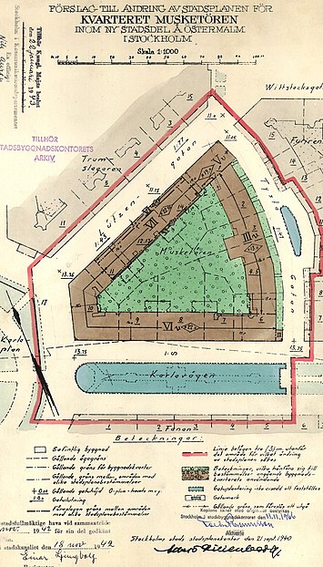 Gällande stadsplaner från 1943 för kvarteret Musketören (till vänster) och Furiren.