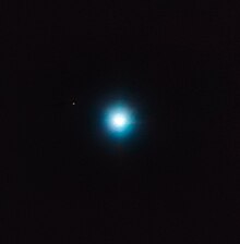 The large central object is the star CVSO 30; the small dot up and to the left is exoplanet CVSO 30c. This image was made using astrometry data from VLT's NACO and SINFONI instruments. VLT Snaps An Exotic Exoplanet First.jpg